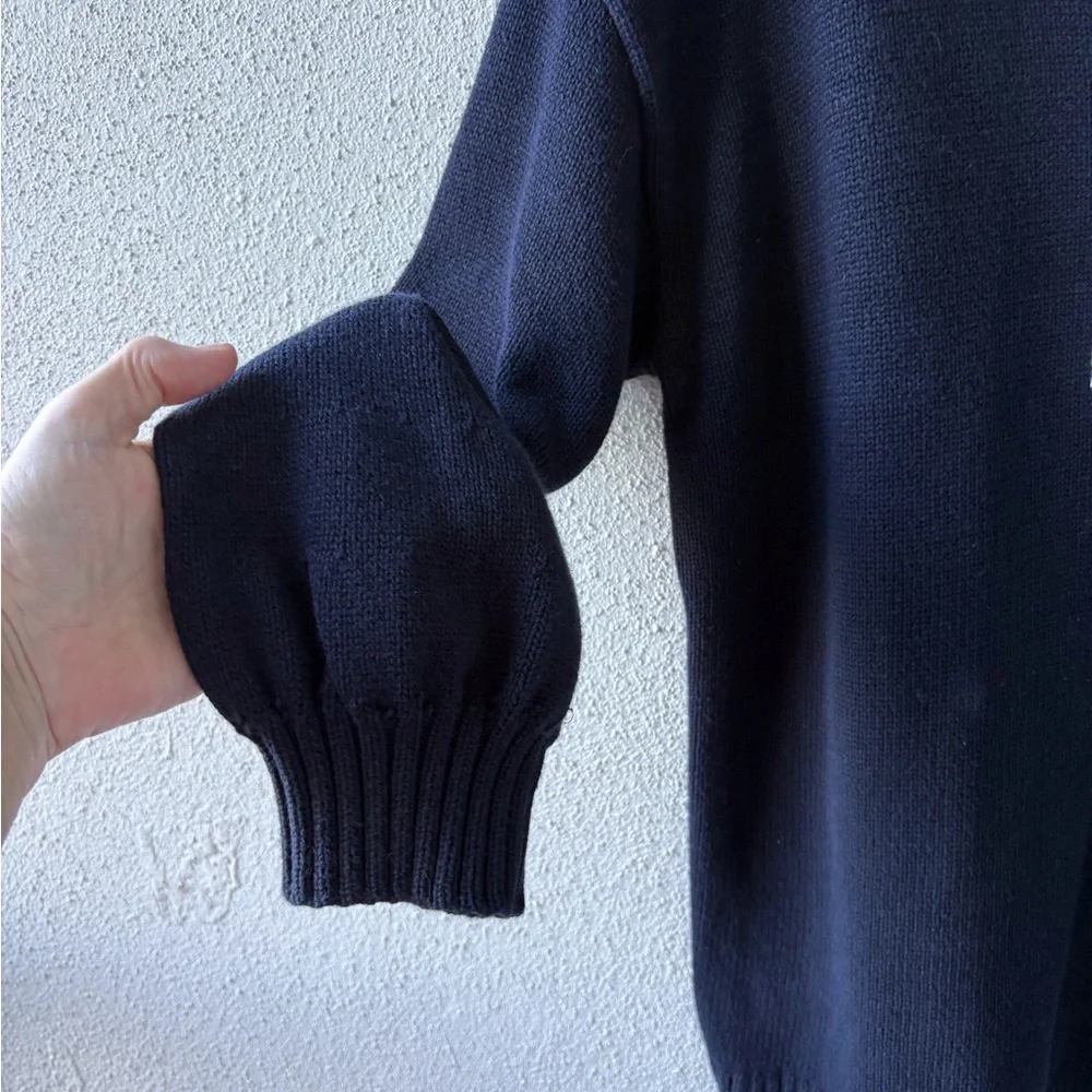 Talbots Plus Navy Lace Up Sweater Size 1X Bishop Sleeve Ribbed Hem Nautical Boat
